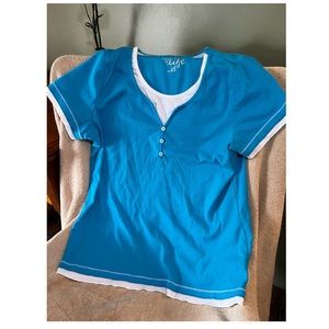 Blue and white tee. 3 buttons some loose stitches overall good quality